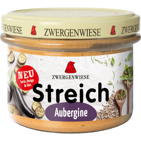 Aubergine Streich in einem Glasbehälter, cremiger veganer Brotaufstrich aus frischen Auberginen, ideal für gesunde Snacks und Sandwiches.