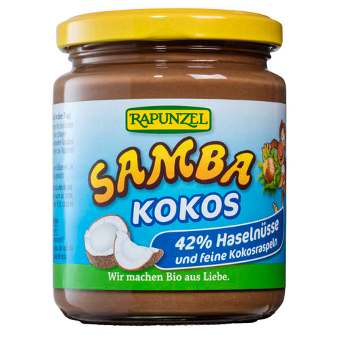 Verpackung der Samba Kokos Schokolade, eine köstliche Kombination aus zarter Schokolade und exotischen Kokosraspeln, ideal für Naschkatzen und Liebhaber tropischer Aromen.