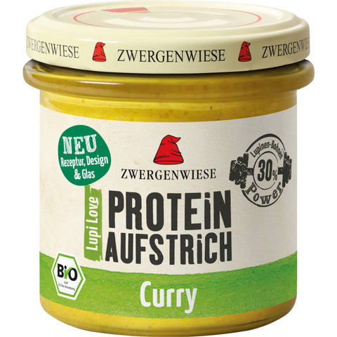 LupiLove Protein Curry - Pflanzlicher Proteinaufstrich aus Lupinen mit exotischem Curry-Geschmack, in einem Glasbehälter mit grünem Etikett.