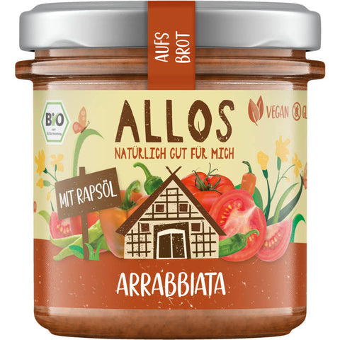 Glas mit Aufs Brot Arrabiata-Aufstrich, einer würzigen Tomaten-Paprika-Creme, ideal für Brot und Brötchen.