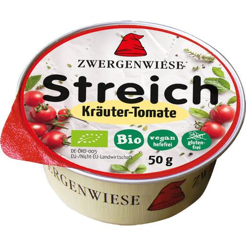 Kleiner Streich Kräuter-Tomate - Veganer Brotaufstrich mit frischen Kräutern und Tomaten, in einer kleinen, handlichen Verpackung.