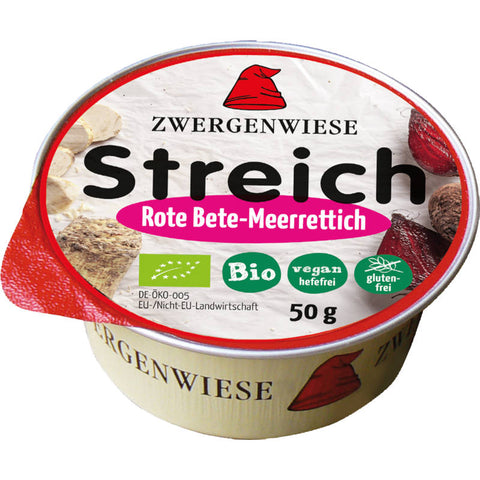 Glas mit Rote Bete-Meerrettich-Aufstrich, leuchtend rote Farbe, cremige Textur, ideal als Brotaufstrich oder Dip, vegan und glutenfrei