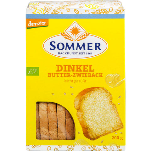 Packung Dinkel Butter Zwieback, knuspriger Zwieback aus Dinkelmehl und Butter, ideal für Frühstück oder als Snack.