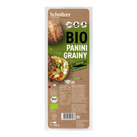 Glutenfreies Panini-Brötchen mit körniger Textur, ideal für Sandwiches und Snacks.