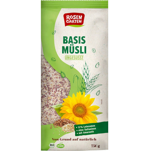 Basis-Müsli ungesüßt in einer transparenten Verpackung, gefüllt mit einer Mischung aus Haferflocken, Nüssen und getrockneten Früchten. Perfekt für ein gesundes Frühstück oder als Snack.