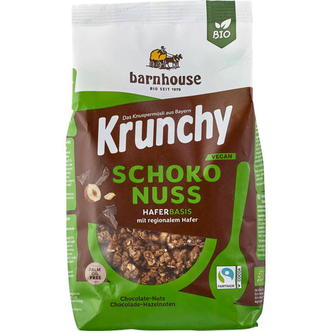 Krunchy Schoko - Nuss: Knuspriges Müsli mit Schokoladenstückchen und knackigen Nüssen, ideal für ein leckeres Frühstück oder als Snack zwischendurch.