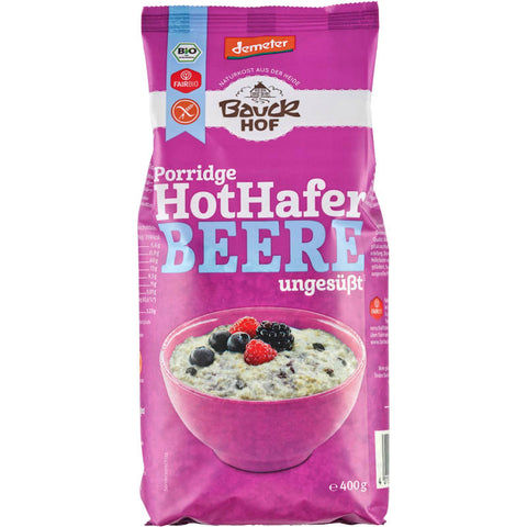 Hot Hafer Beere ungesüßt & glutenfrei - Eine Packung glutenfreier, ungesüßter Haferflocken mit Beeren, ideal für ein gesundes Frühstück.