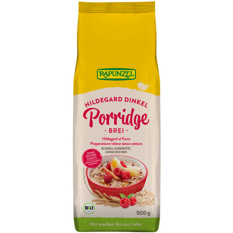 Verpackung von Hildegard Dinkel Porridge Brei, eine gesunde Frühstücksoption aus Dinkel, ideal für einen nahrhaften Start in den Tag.