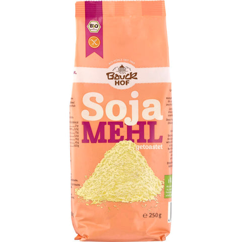 Glutenfreies Sojamehl in einer umweltfreundlichen Verpackung, ideal für vegane und glutenfreie Back- und Kochrezepte.
