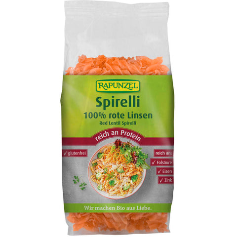 Eine Packung Rote Linsen Spirelli Nudeln, hergestellt aus 100% roten Linsen, glutenfrei und proteinreich.