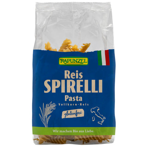Eine Packung Reis-Spirelli-Nudeln, glutenfrei und aus 100% Reis hergestellt, ideal für eine gesunde und leichte Mahlzeit.
