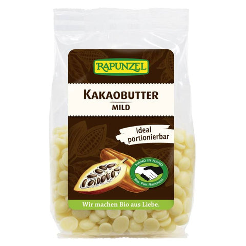 Kakaobutter mild in einer transparenten Verpackung, ideal zum Backen, Kochen und für die Hautpflege.