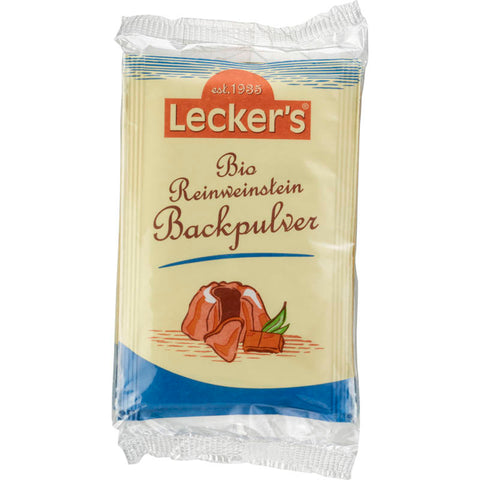 Reinweinstein Backpulver in einer weißen Verpackung mit grünen und roten Akzenten, ideal zum Backen von Kuchen, Brot und Gebäck, sorgt für lockere und luftige Teige.