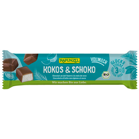 Eine Tafel Vollmilchschokolade mit Kokosraspeln, verpackt in einer ansprechenden Verpackung mit Kokosnuss- und Schokoladenabbildungen.