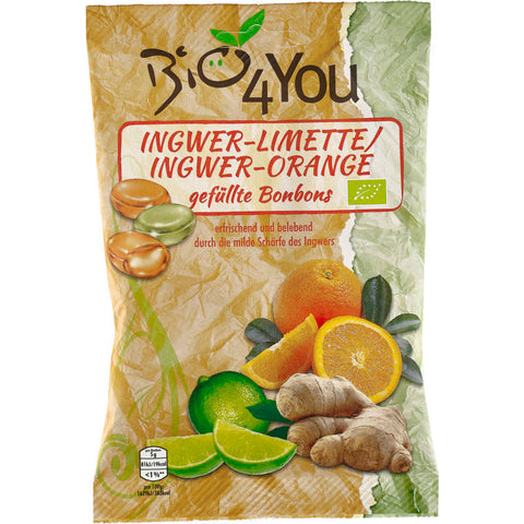 Eine Packung Bonbons in den Geschmacksrichtungen Ingwer-Limette und Ingwer-Orange, präsentiert in einer ansprechenden Verpackung.