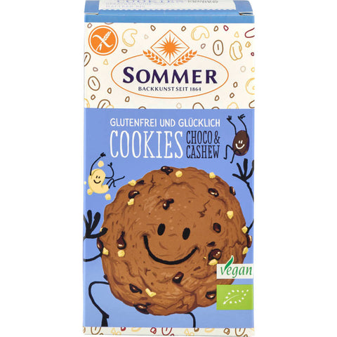 Glutenfreie Schoko-Cashew-Cookies in einer Packung, knusprig und lecker, perfekt für Naschkatzen und Menschen mit Glutenunverträglichkeit.
