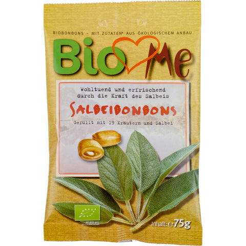 Eine Packung Salbei Bonbons, die beruhigend und wohltuend für Hals und Rachen sind. Die Bonbons sind in einer ansprechenden Verpackung mit grünen und weißen Farben gestaltet, die das natürliche und frische Aroma des Salbeis widerspiegeln.
