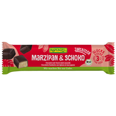 Marzipan- und Schokoladenriegel, verpackt in einer ansprechenden Hülle, die die köstliche Kombination aus süßem Marzipan und reichhaltiger Schokolade zeigt.
