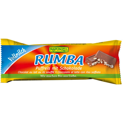 Rumba Puffreisriegel in bunter Verpackung, knuspriger Puffreis umhüllt von zarter Schokolade, idealer Snack für zwischendurch.