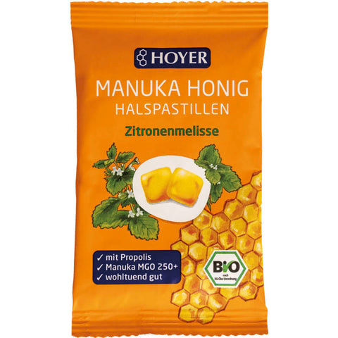 Manuka Honig Halspastillen mit Zitronenmelisse in einer gelben Verpackung, die beruhigende Linderung für Halsbeschwerden bieten.
