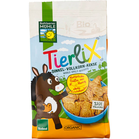 Packung TierliX Dinkelkekse, gesunde und leckere Kekse aus Dinkelmehl, ideal für bewusste Ernährung und als Snack für zwischendurch.