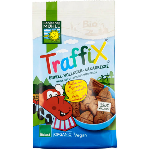 Packung TraffiX Dinkel-Vollkorn Kakaokekse, gesunde und leckere Kekse aus Vollkorn-Dinkelmehl mit köstlichem Kakaogeschmack.