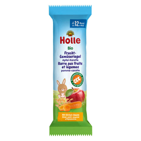 Ein Frucht-Gemüseriegel mit Apfel- und Karottengeschmack, verpackt in einer farbenfrohen Hülle.