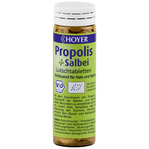 Propolis & Salbei Lutschtabletten in einer weißen Verpackung mit grünen und goldenen Akzenten, die natürliche Inhaltsstoffe zur Unterstützung der Halsgesundheit bieten.