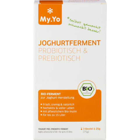 Joghurtferment in einer weißen Verpackung mit blauer Aufschrift, ideal zur Herstellung von hausgemachtem Joghurt.