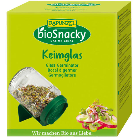 Keimglas bioSnacky – Praktisches Keimglas zur einfachen Anzucht von frischen, gesunden Sprossen und Keimlingen zu Hause. Hergestellt aus hochwertigem Glas und BPA-freiem Kunststoff, ideal für eine nachhaltige und gesunde Ernährung.