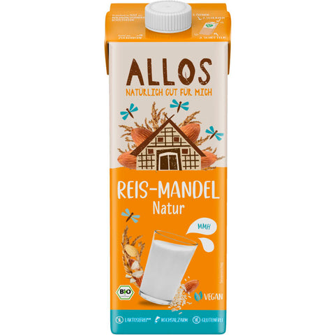 Eine Packung Reis Mandel Drink, eine pflanzliche Milchalternative aus Reis und Mandeln, ideal für vegane und laktosefreie Ernährung.