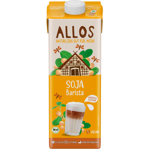 Soja Barista Drink in einer weißen Verpackung mit grünen und blauen Akzenten, speziell entwickelt für die Zubereitung von Kaffeespezialitäten wie Latte Macchiato und Cappuccino.