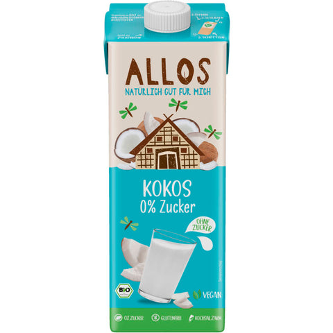 Kokos Drink 0% Zucker in einer weißen Verpackung mit blauen und grünen Akzenten, ideal für eine zuckerfreie und erfrischende Kokosnuss-Erfrischung.