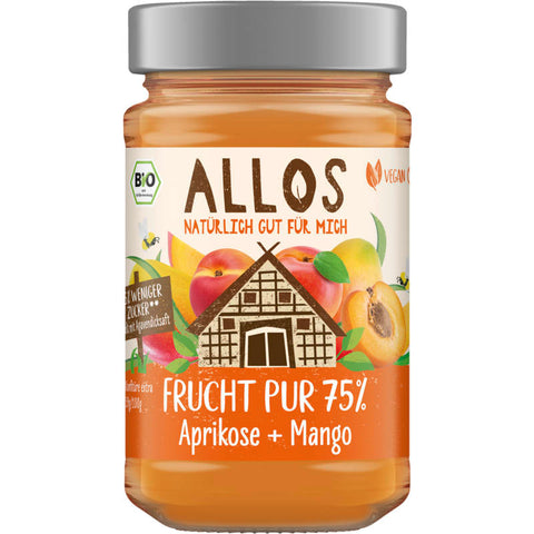 Frucht Pur 75% Aprikose-Mango: Ein Glas mit fruchtigem Aufstrich aus 75% Aprikose und Mango, ohne Zuckerzusatz, ideal für ein gesundes Frühstück oder als Snack.