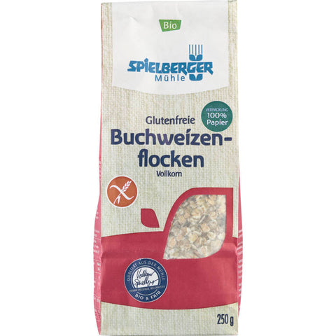 Packung glutenfreier Buchweizenflocken, ideal für eine gesunde und nahrhafte Ernährung, perfekt für Frühstück oder als Zutat in verschiedenen Rezepten.