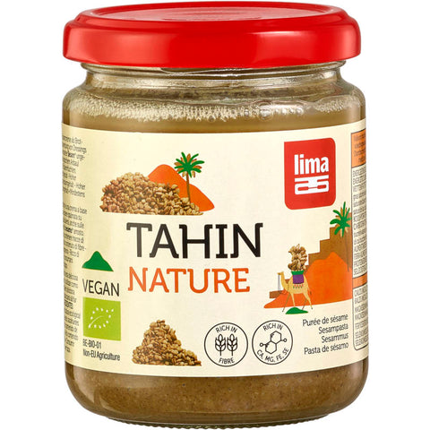 Tahin Nature geröstet in einem Glasbehälter, cremige Sesampaste ideal für Dips, Dressings und Aufstriche.