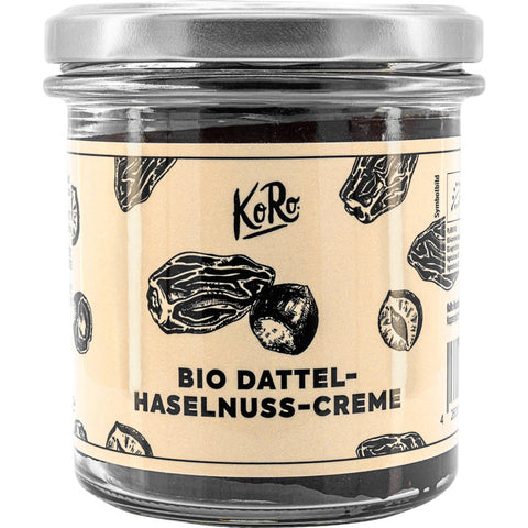 Ein Glas Dattel-Haselnuss-Creme mit Vanille, gefüllt mit einer cremigen, nussigen Mischung aus Datteln, Haselnüssen und einem Hauch Vanille. Perfekt als Brotaufstrich oder zum Verfeinern von Desserts.