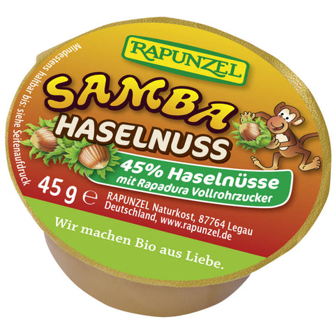 Portionsschale gefüllt mit Samba Haselnusscreme, ideal für unterwegs oder als kleiner Snack zwischendurch.