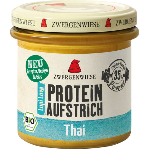 LupiLove Protein Thai - Pflanzlicher Proteinaufstrich mit exotischem Thai-Geschmack in einem Glasbehälter