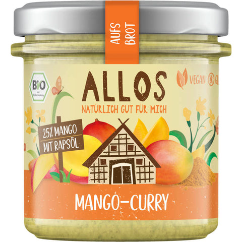 Ein Glas Aufs Brot Mango Curry Brotaufstrich, gefüllt mit einer leuchtend gelben, cremigen Mischung aus Mango und Curry, ideal zum Verfeinern von Brot und Brötchen.