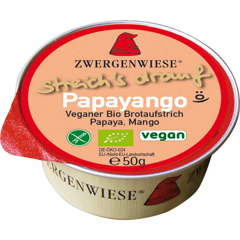 Ein Glas Kl streich´s drauf Papayango, ein veganer Brotaufstrich mit Papaya-Geschmack.