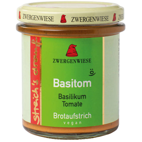 Glas mit Brotaufstrich Basitom, einer cremigen Mischung aus frischen Tomaten und aromatischem Basilikum, ideal zum Verfeinern von Brot und Crackern.