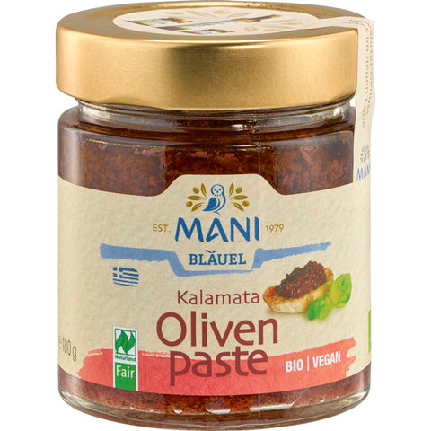 Glas mit Kalamata Olivenpaste, eine reichhaltige und aromatische Paste aus feinsten Kalamata Oliven, ideal zum Verfeinern von Gerichten oder als Brotaufstrich.