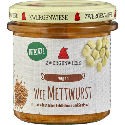 Verpackung einer veganen Wurstalternative, die wie Mettwurst aussieht und schmeckt.