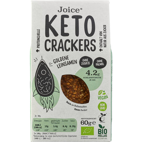 Eine Packung KETO Crackers mit Goldleinsamen, knusprige und gesunde Snacks, ideal für eine kohlenhydratarme Ernährung.