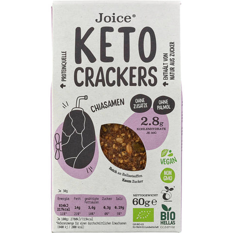 KETO Cracker - Chia in einer Verpackung, knusprige und gesunde Snack-Option, ideal für eine kohlenhydratarme Ernährung.