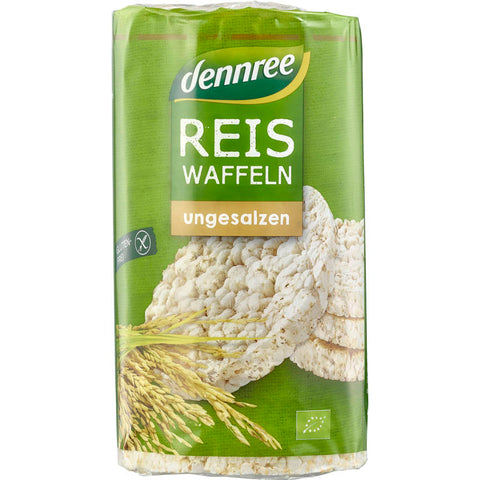 Ungesalzene, glutenfreie Reiswaffeln in einer umweltfreundlichen Verpackung, ideal als leichter Snack oder als Basis für kreative Beläge.