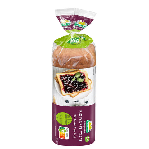 Eine Packung Dinkel Toastbrot, frisch und goldbraun gebacken, ideal für gesunde Sandwiches und Toasts.