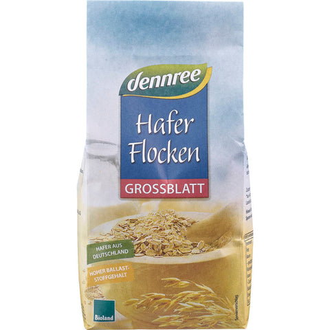 Eine Packung Haferflocken Großblatt, ideal für ein gesundes Frühstück oder zum Backen. Die Haferflocken sind in einer umweltfreundlichen Verpackung und bieten eine reichhaltige Quelle an Ballaststoffen und Nährstoffen.