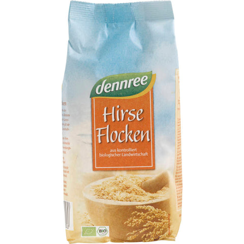 Eine Packung Hirseflocken, ideal für ein gesundes Frühstück oder als Zutat für verschiedene Rezepte.